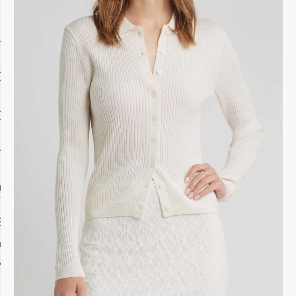 Open Edit Collared Merino Wool Cardigan White Whisper
